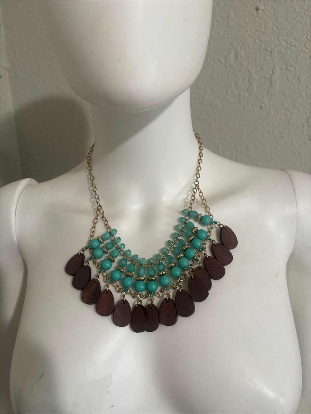 Turquoise Bead and Brown Wood Teardrop Bib Necklace - Picture 2 of 7